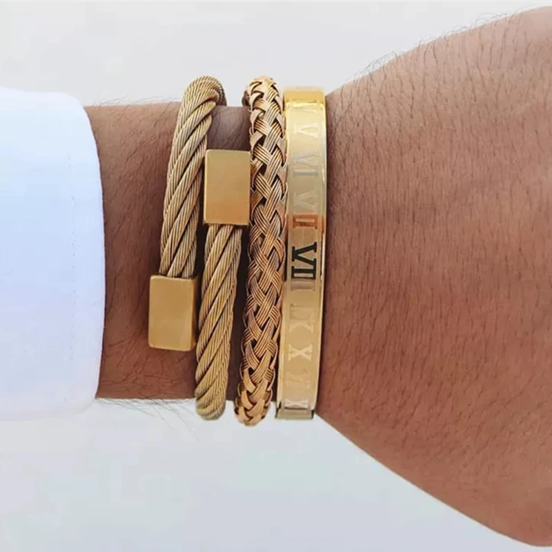 Luxury Roman Number Charm Woven Stainless Steel Bracelet Hip Hop Men Jewelry Gold Color Jewelry For Men Pulseira Bileklik bracelet jewelry