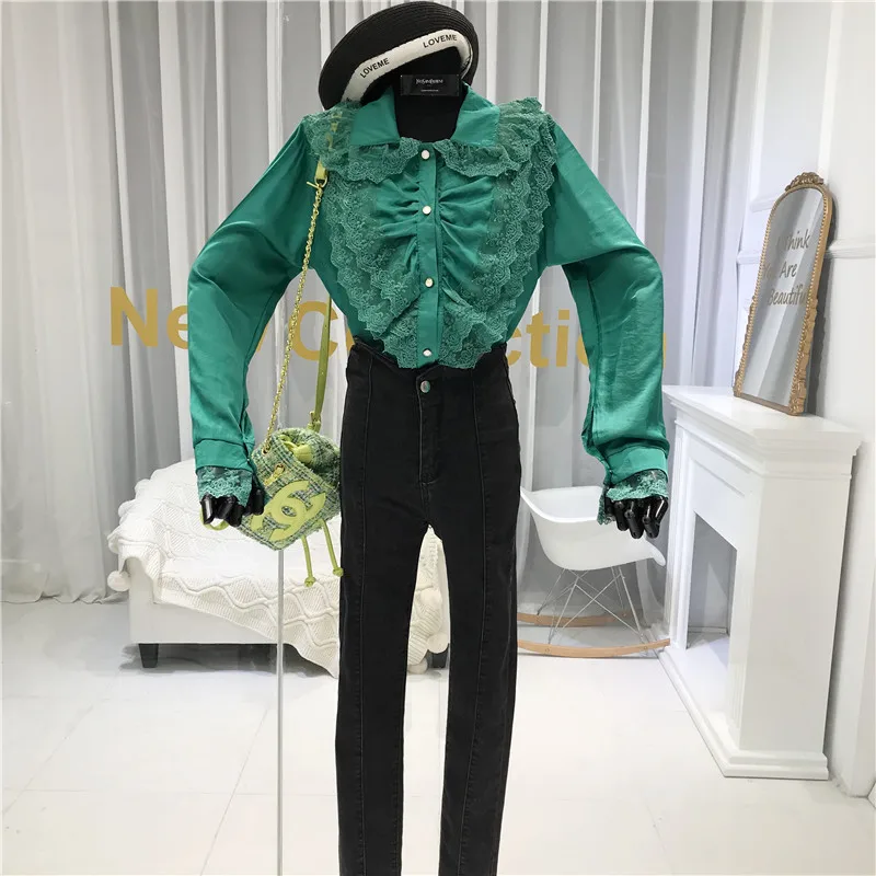 ALPHALMODA зима дизайн кружевная отделка длинный рукав рубашка Женская Формальная тонкая универсальная блузка Топ