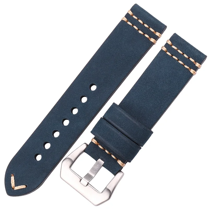 Blue Silver Buckle Ремешки для наручных часов из натуральной кожи ремешок 20 мм 22 мм 24 мм черный коричневый синий желтый женский мужской браслет из воловьей кожи Аксессуары для часов - Цвет ремешка: Blue Silver Buckle