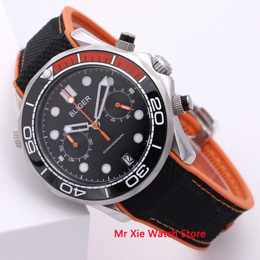 

Bliger 41mm Quartz Watch Men Sapphire Glass Luminous Waterproof Rubber Strap Calendar Sport Chronograph Function Wristwatch Men