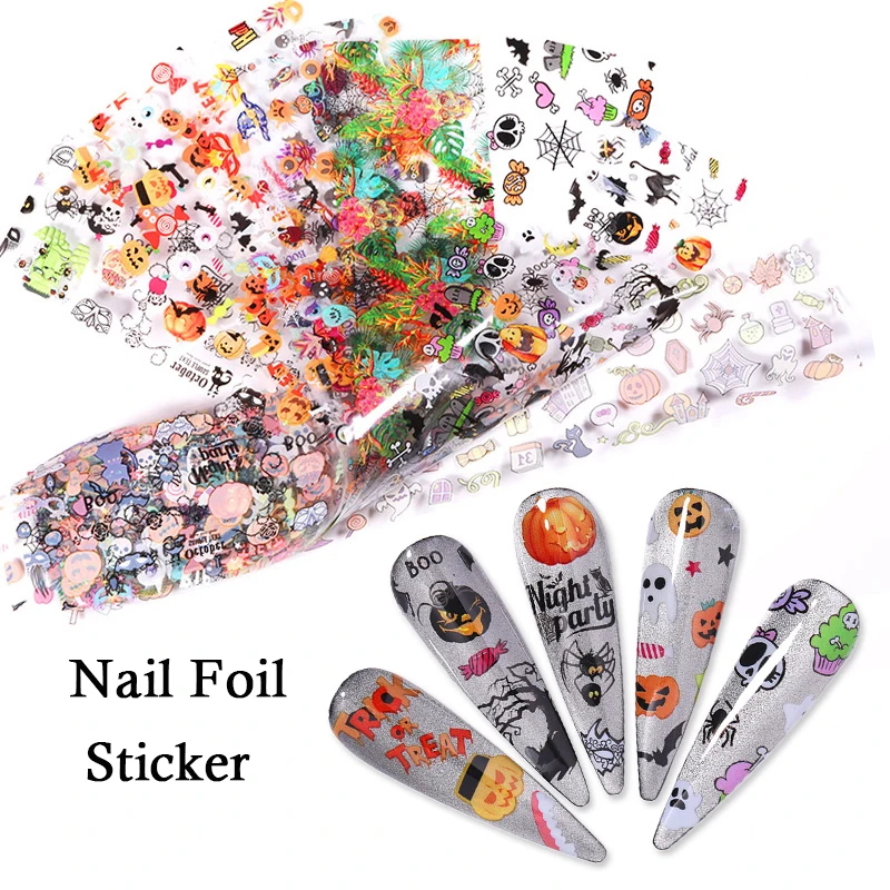 

10 Pcs/Pack Nail Foil Stickers Halloween Series Colorful Mixed Patterns Mail Transfer Decals Paper Nail Art Design Decorations