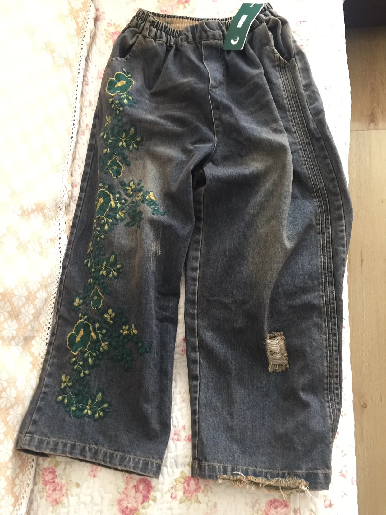 Осенние новые прямые широкие джинсы женские vintageэластичный пояс вышитые свободные прямые джинсы