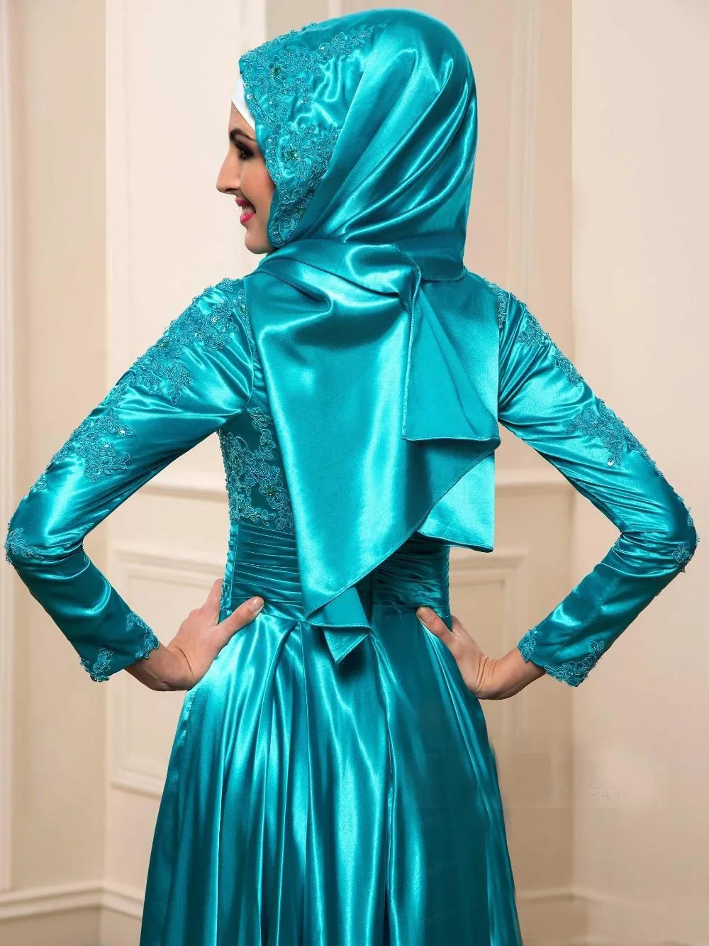 Vestidos De Fiesta Elegantes Saudi Arabia Новинка аппликация длинный рукав бирюзовый зеленый 2 шт платок Дубай мусульманское вечернее платье