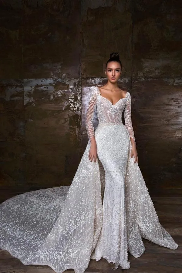 Vestido De Novia Sirena Милое Свадебное платье русалки с бисером и длинным рукавом, свадебные платья со съемной юбкой, платья для свадьбы