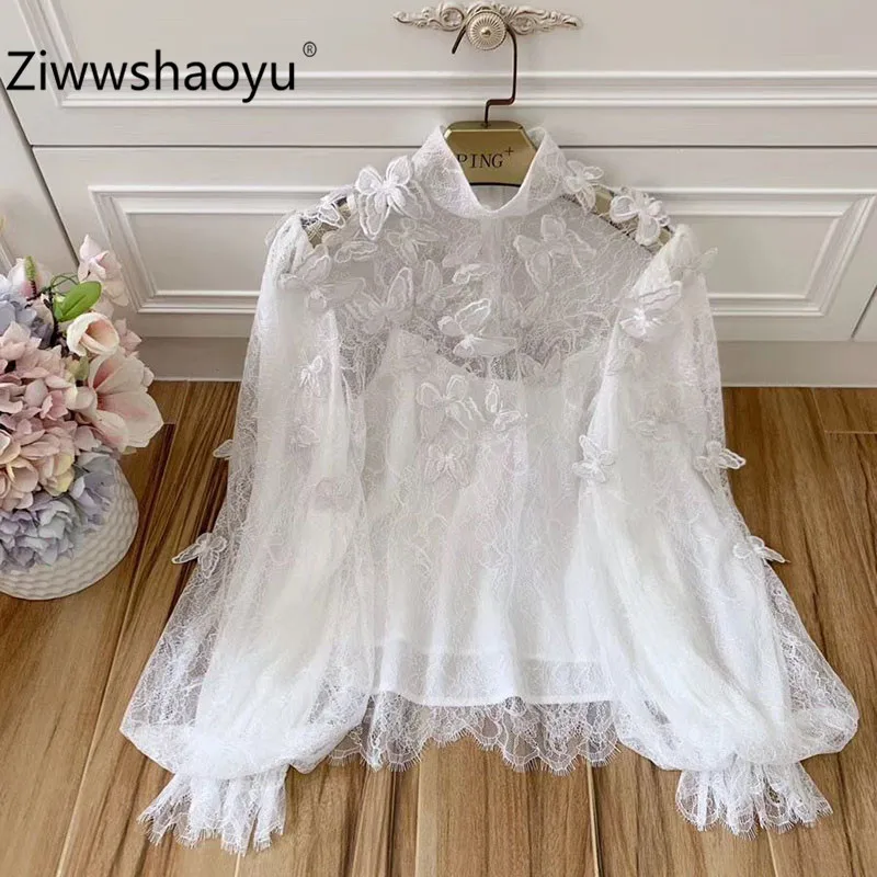 Ziwwshaoyu элегантный белый кружевной топ со стоячим рукавом-фонариком и нашивки-бабочкой, женская блузка