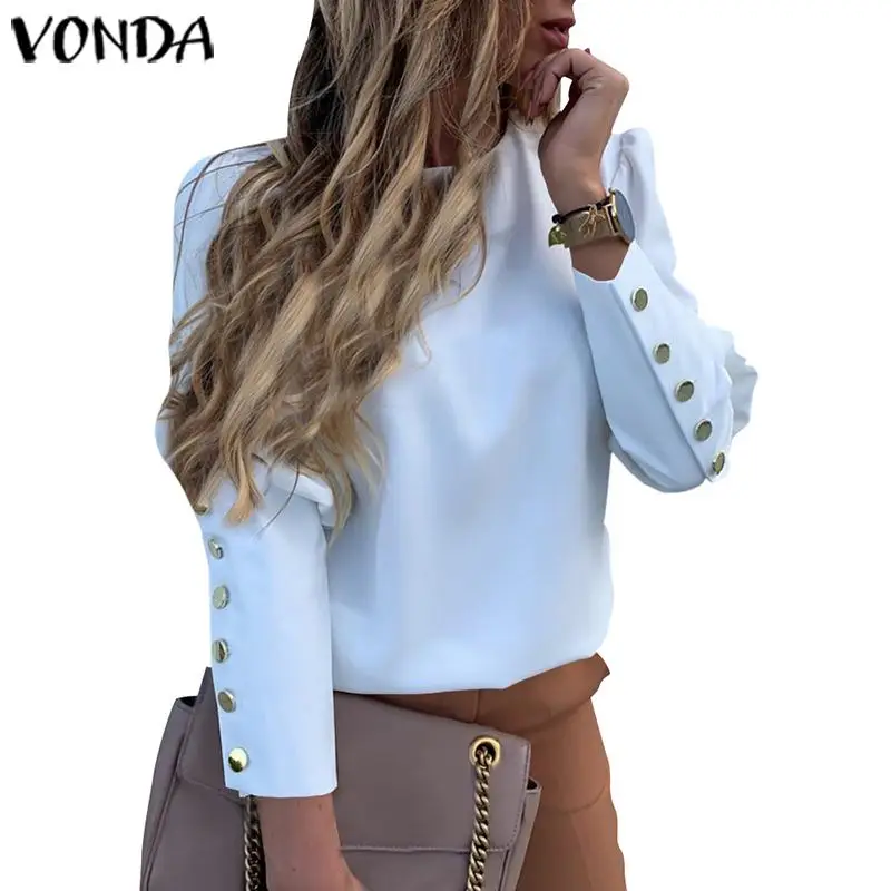 Женские блузки, осень, VONDA, Женские топы и блузки с длинным рукавом, одноцветная туника, топы, повседневные свободные женские офисные рубашки 5XL - Цвет: Белый