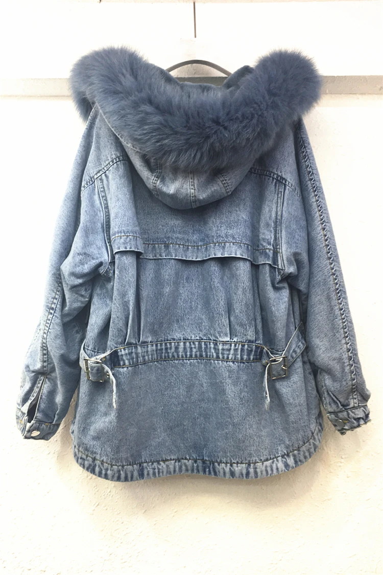 blue fur Новая модная теплая женская зимняя Толстая Съемная джинсовая куртка пальто с воротником из натурального Лисьего меха - Цвет: blue fur