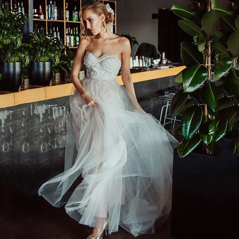 

Eightree Vestido De Noiva 2020 Boho Wedding Dress Strapless Lace Top Bride Gown Backless robe de mariee Bohomian Bridal Dresses