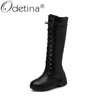 

Odetina Women Fashion Side Zipper Platform Cross-tied Motorcycle boots Lady New Winter Round Toe Chunky Mid Heel Knee High Boots