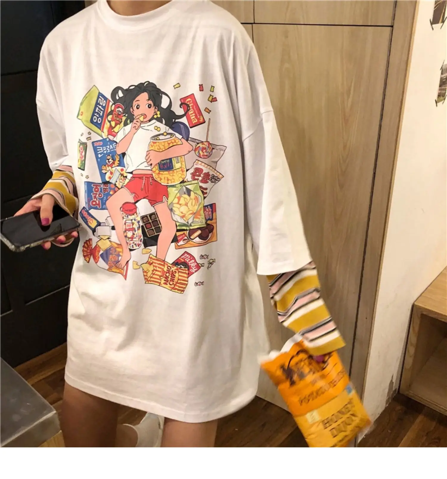 Осенняя женская одежда корейский Ulzzang Harajuku футболка Веселая с принтом поддельные два футболки женские свободные рубашки топы