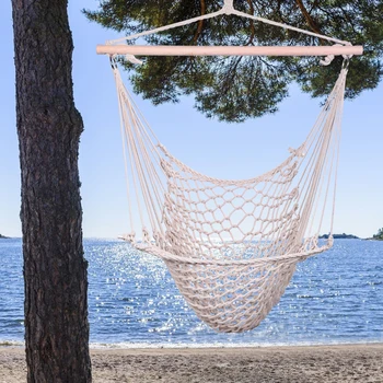 

Outdoor Portable Hammock Chair Beige Cotton Rope Net Swing Rope Balcony Indoor Garden Hanging Chair PI669