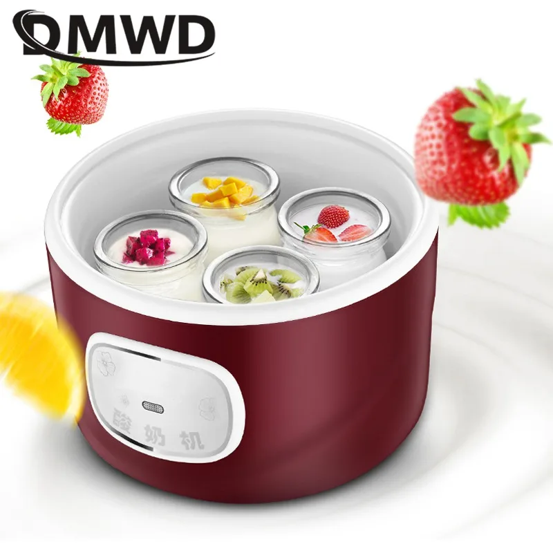 DMWD 1L Smart Automatic Electric Yogurt Maker Natto Rice Wine Machine With stainless steel liner 4 Glass Cups Kithchen Appliance