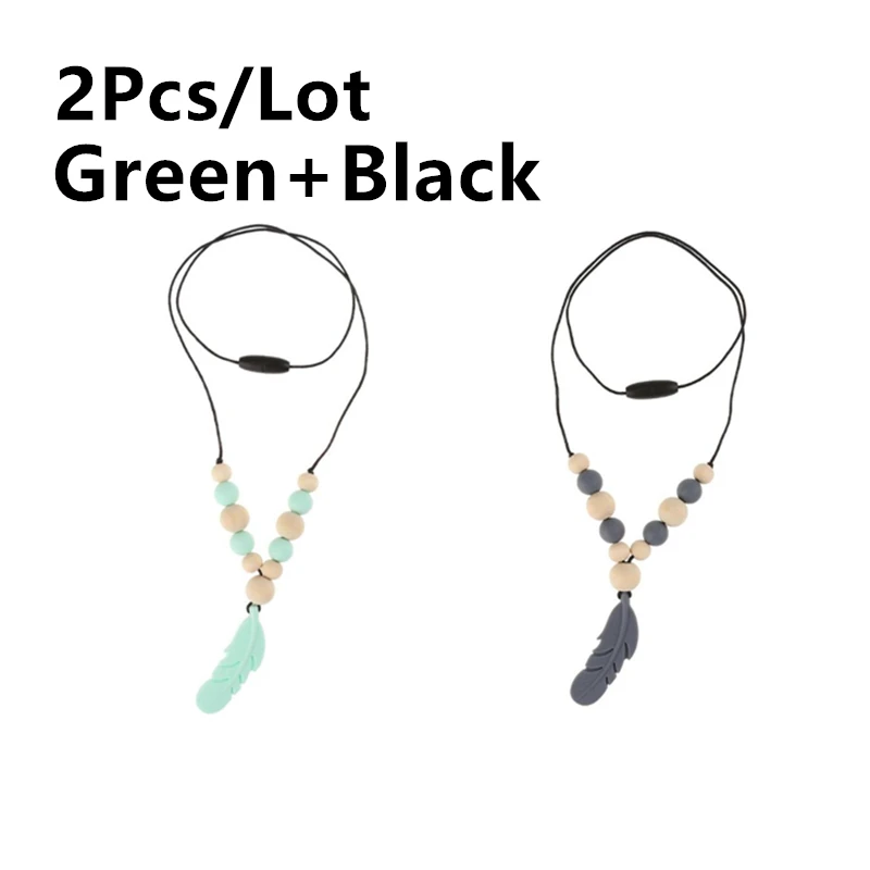 Green Black 2 шт./партия, 3 цвета, силиконовые бусины для новорожденных, прорезыватель, перо, подвеска, тренировочные грызунки, ожерелье, детские жевательные игрушки - Цвет: Green Black
