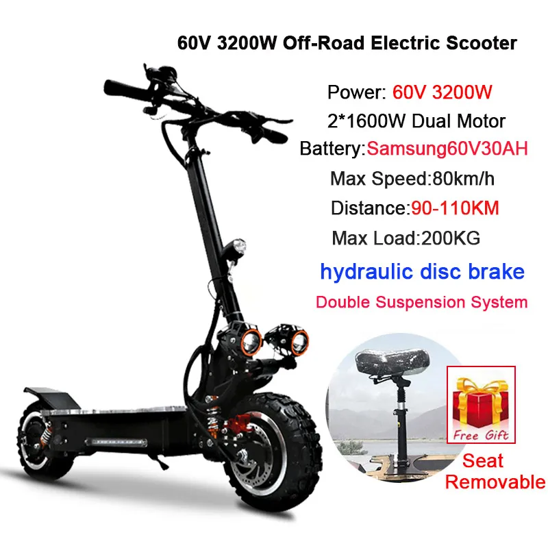 80 км/ч высокоскоростной Электрический скутер 60V3200W мощный мотор внедорожный складной электрический скутер электрический двигатель Adulto Patinete Electronico - Цвет: 3200W Samsung60V30AH