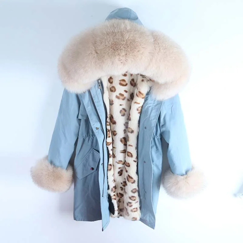 

2019 Casual Warm Jacket Waterproof Parka Natural Leopard rabbit fur liner Parkas Winter Women Long Real Fur Coat Detachable Coat