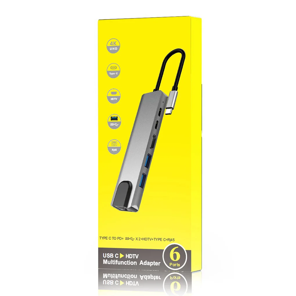 6 в 1 USB 3,0 Высокоскоростные порты type-C концентратор Usb-C до 4K 30HZ HD ноутбук Rj45 Gigabit Ethernet сеть PD концентратор
