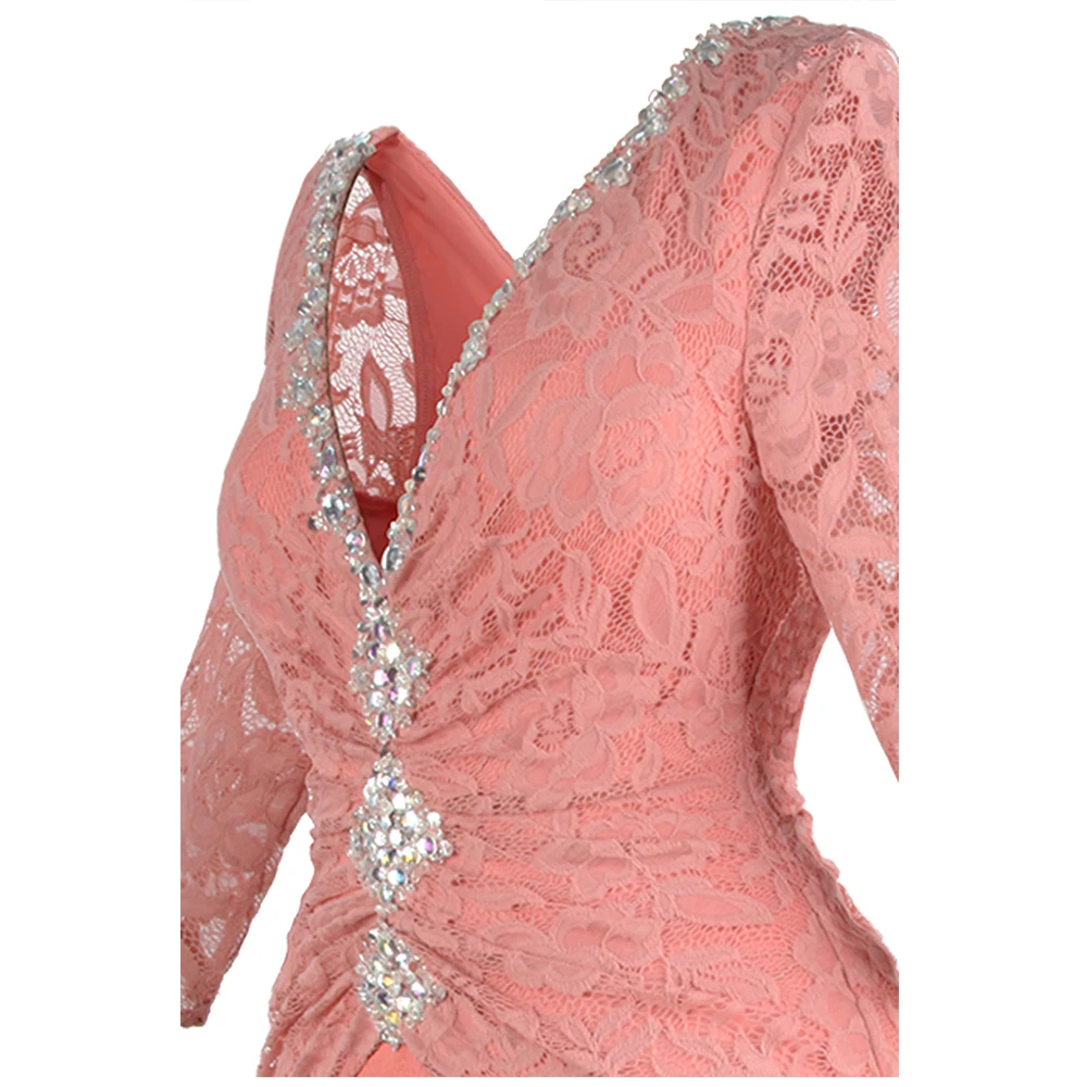Angel-fashions женское элегантное вечернее платье с глубоким v-образным вырезом и бисером, плиссированное Кружевное Платье макси с длинными рукавами Коралловое J-190814-S