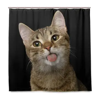 

Domestic Cat Licked Screen Home Bathroom Set Polyester Fabric Shower Curtain Home Art Decoration with Hooks