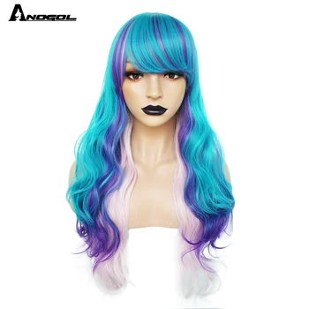 

ANOGOL High Temperature Fiber Long Water Wave Blue Purple Pink White Ombre Synthetic Cosplay Wig with Bangs for Women Halloween