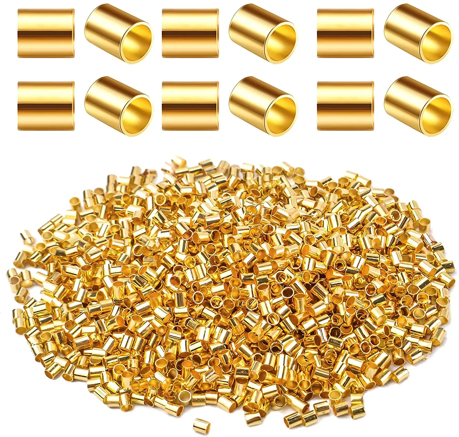 

2000pcs 2 mm Golden Plated Tube Crimp Beads Brass Tube Cord End Caps Craft Supplies for DIY Bracelet Jewelry Making Decoration