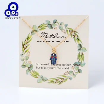 

Lucky Eye Hamsa Hand Evil Eye Wish Card Necklace Gold Color Chain Pendant Necklace Fashion Jewelry for Women Female Girls CN277