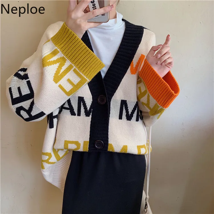 Neploe корейский Retro College стиль вязаное пальто Корейский осень зима женские буквы контрастного цвета v-образным вырезом кардиган свитер 55082