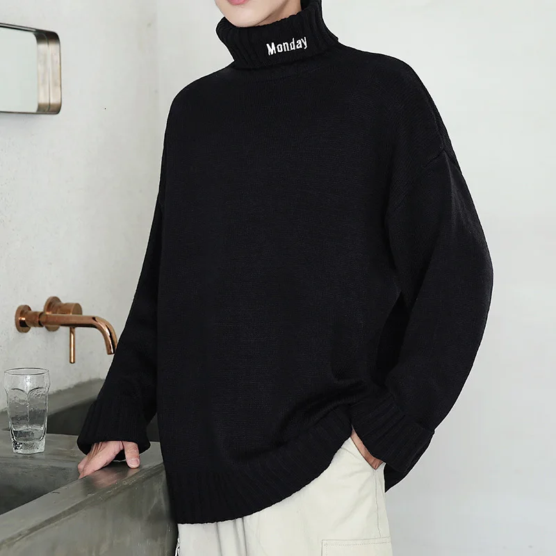 Winter Turtleneck Sweater Men's Warm Fashion Solid Color Casual Knit Pullover Man Streetwear Wild Loose Long Sleeve Sweater - Цвет: black
