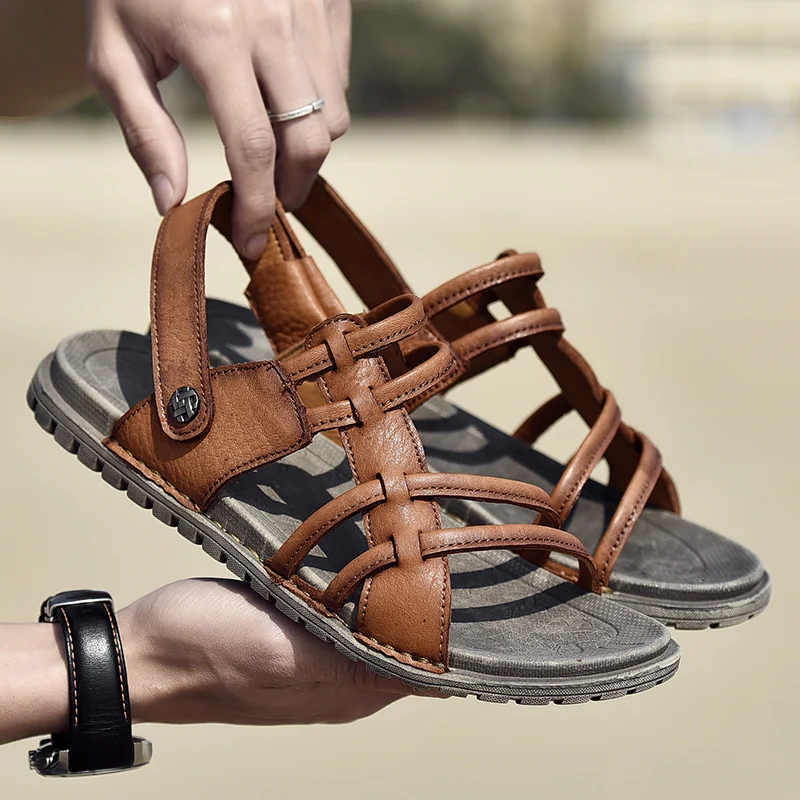 KATESEN/; летние мужские сандалии из натуральной кожи; удобные повседневные сандалии без застежки; модные мужские шлепанцы Zapatillas hombre