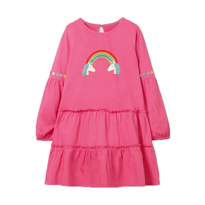 Новое поступление; платье-пачка принцессы с длинными рукавами; платья для девочек; сезон осень-зима; праздничные платья для малышей; одежда с аппликацией единорога и радуги