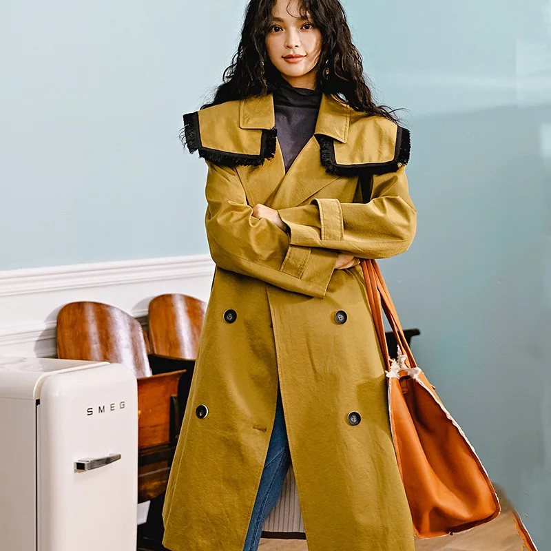 

2019 Autumn Winter Original Design Gloria&Grace England Style Vintage Oversize Yellow Green Vintage Long Trench Coat Outerwear