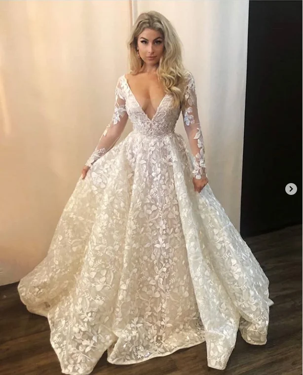 Свадебные платья Тюль Кружева Аппликации с длинным рукавом Robe De Mariee невесты платье v-образным вырезом Свадебные платья Vestido De Noiva