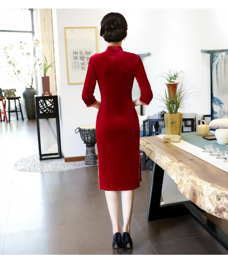Китайский традиционный Чонсам длинный велюровый Cheongsam элегантный Qipao женское сексуальное платье ручной работы из бисера Cheongsam Vestido