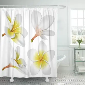 

White Hawaiian Frangipani Plumeria Hawaii Bali Indonesia Shri Lanka Shower Curtains Sets with Hooks 72 x 78 Inches Waterproof