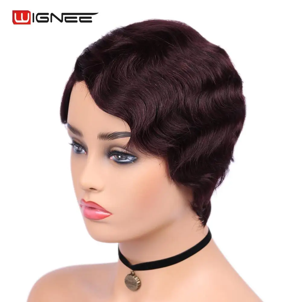 Wignee 6 дюймов 99J короткие человеческие волосы парик для черных/белых женщин Remy бразильские бесклеевые волосы Свободные Волнистые Короткие Волосы Кудрявые человеческие парики