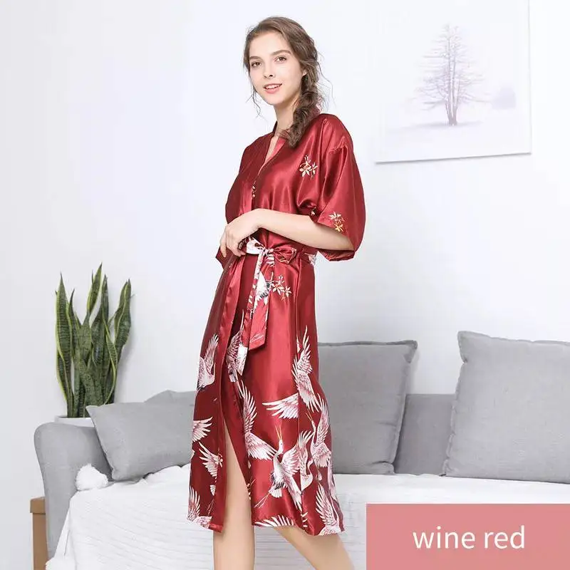 wine red Китайский стиль, женское сексуальное атласное платье с рисунком Журавля, шелковый халат, мягкая шелковистая Удобная ночная рубашка - Цвет: wine red