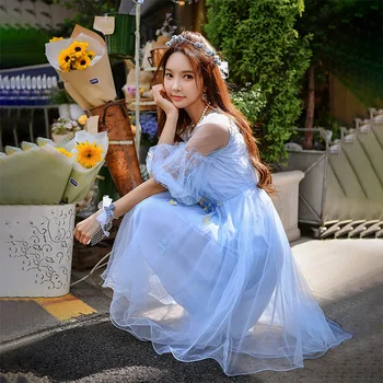 

Dabuwawa Sweet Floral Appliques Mesh Ball Gown Dress Women Lantern Sleeve O-neck Elegant Midi Flared Dresses Female D18CDR096