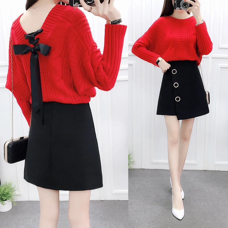 College Style Butterfly Bandages Sweater Irregular Circle Skirts Two-Piece Outfit Women Knitwear Loose Top Long Sleeve Clothes |