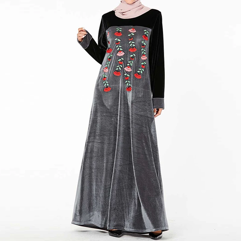 gray dress Бархатное Абая Дубай мусульманский хиджаб платье кафтан мусульманские платья Турция абайя s Восточный халат из марокена Vestidos Baju мусульманский Wanita Kleding - Цвет: gray dress
