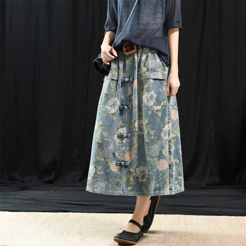 

2019 pocket skirts girl printed button bull-puncher women cowboy skirt restoring ancient ways long skirt a-line skirt send belt