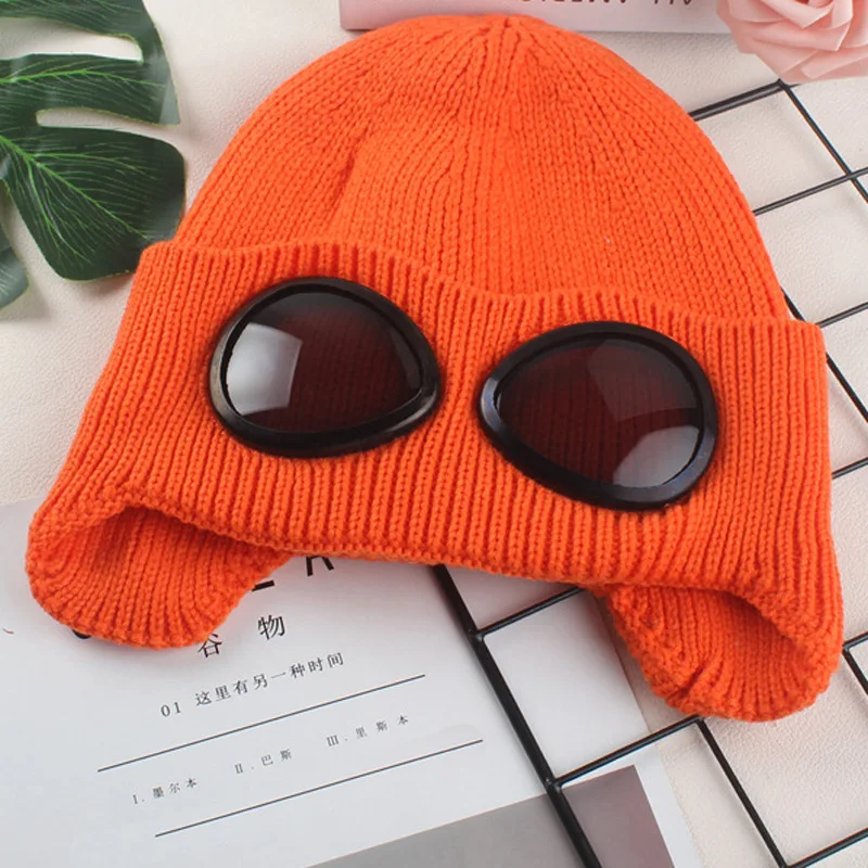 Moveable Glasses Warm Fleece Lined Women Snow Hat Knitted Winter Cap Cover Ears Orange Yellow Purple Blue Black White Green - Цвет: Оранжевый