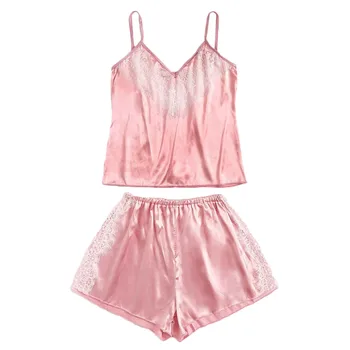 

Pajamas for Women Sexy Lingerie Summer Satin Silk Nightwear V Neck Spaghetti Strap Lace Sleepwear Backless Camisole Shorts Sets