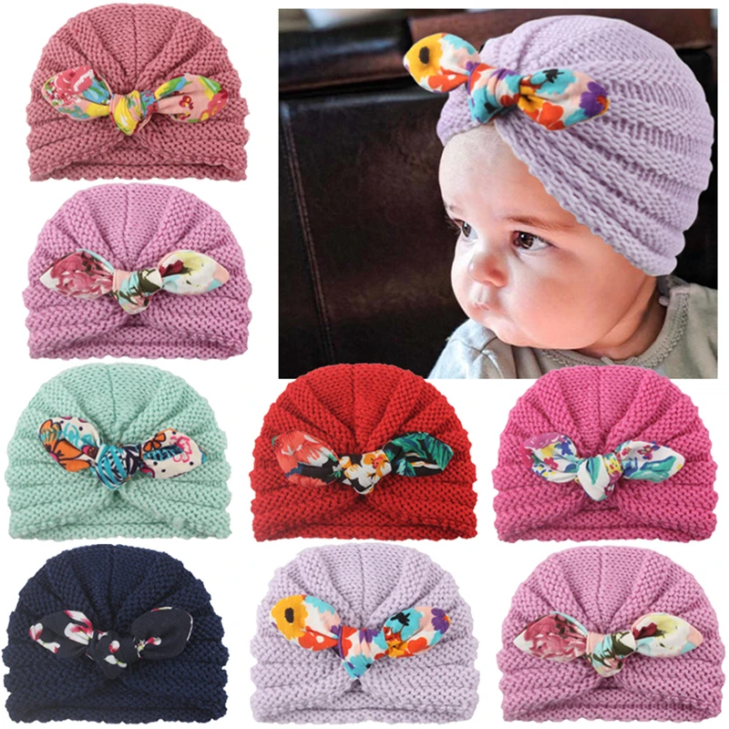 

Baby Hats Knitted Winter Baby Girls And Boys Candy Color Bonnet Child Kids Fashion Cap Infant Florals Print Turban Hat