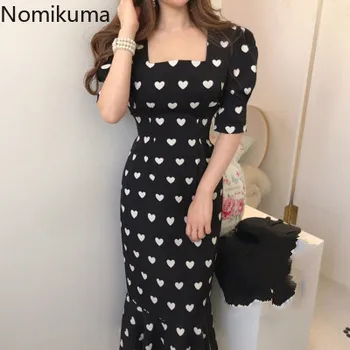 

Nomikuma Korean Women Mermaid Dress Short Sleeve Square Collar Love Heart Printed Dresses 2020 Slim Ruffle Midi Vestidos 3Z444