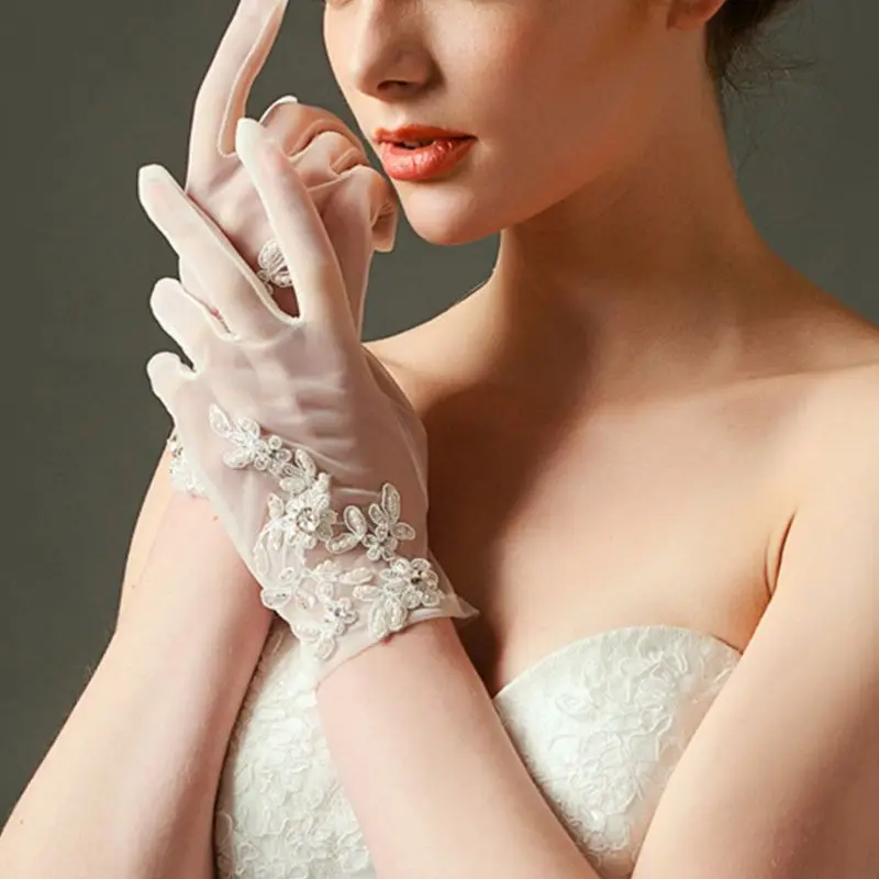 Минималистичные женские короткие перчатки из сетки с вышивкой с цветочной кружевой аппликацией, ювелирные изделия из бисера для свадебной вечеринки