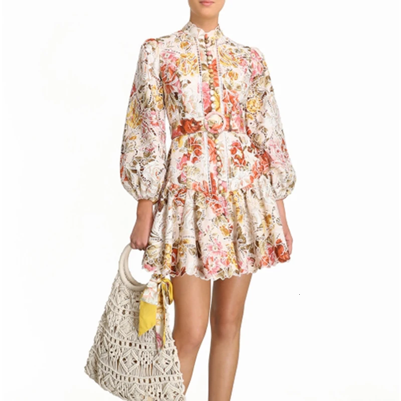 

Print Hollow Out Dresses For Female Stand Collar Lantern Long Sleeve High Waist With SashesRuched Dress WomenTide