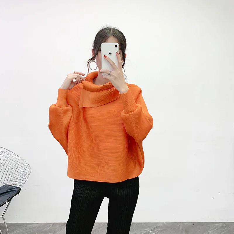 New Winter Plus Size Women Tshirt Solid Turn-down Collar Long Sleeves Bottoming Miyake Pleats Casual Loose Ladies Hoodies