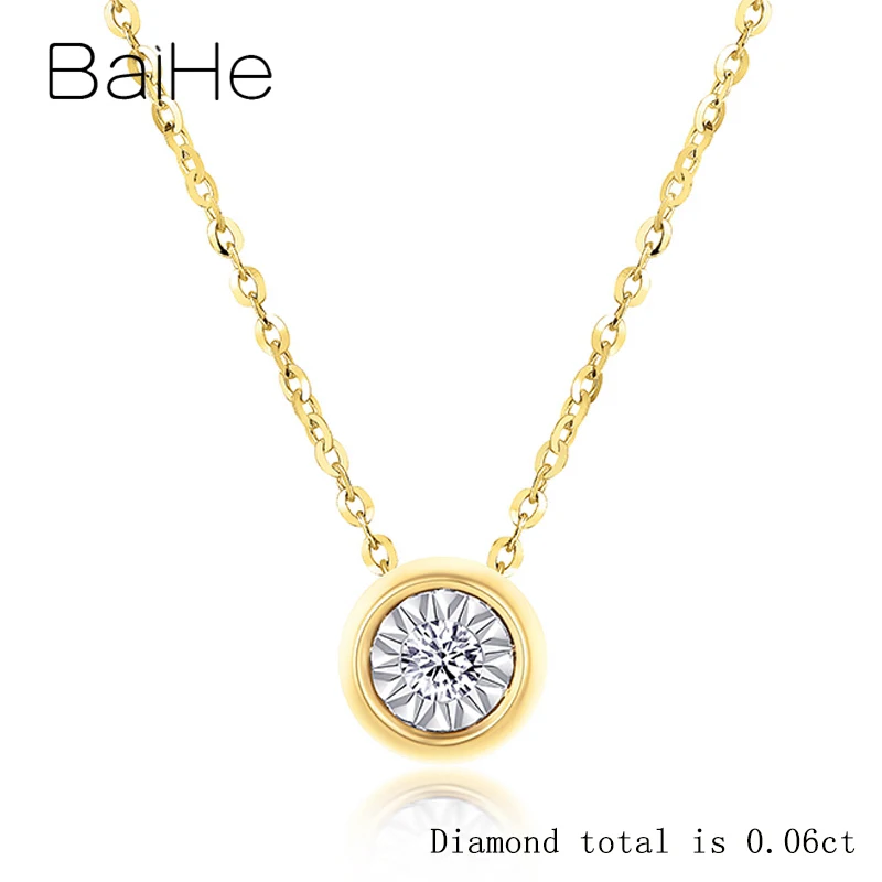 BAIHE Твердые 18 К Роза+ белое золото Сертифицированный круглый 0.03ct/0.06ct/0.10ct натуральный алмаз свадебные модные ювелирные изделия Подарок ожерелья - Цвет камня: 0.06CT Yellow White