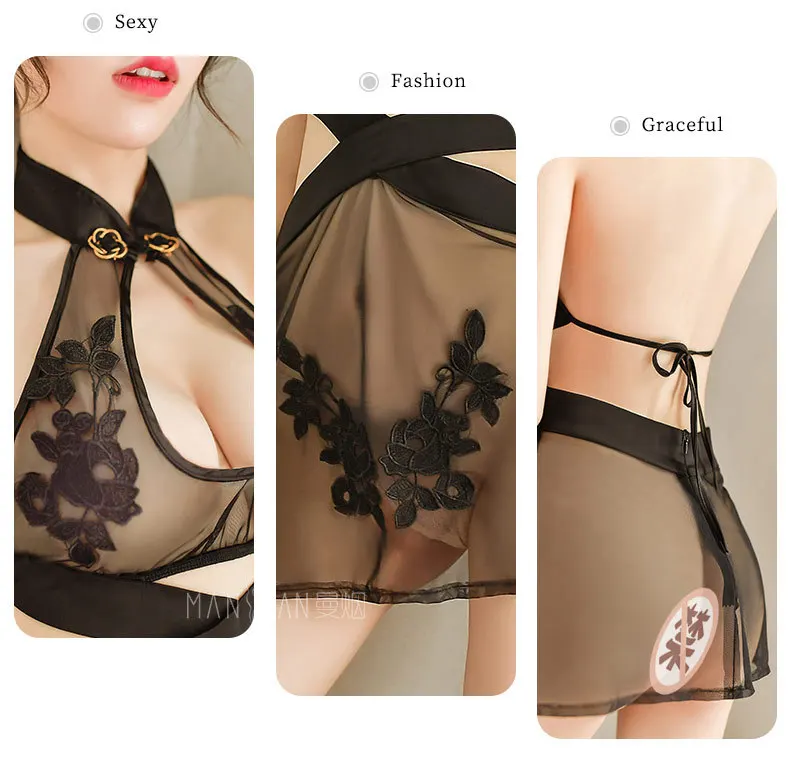 Жаккард; сетка прозрачные сексуальные китайские Сплит Мини платья Qipao традиционное Ципао Babydoll нижнее белье вечерние униформа для ночного клуба
