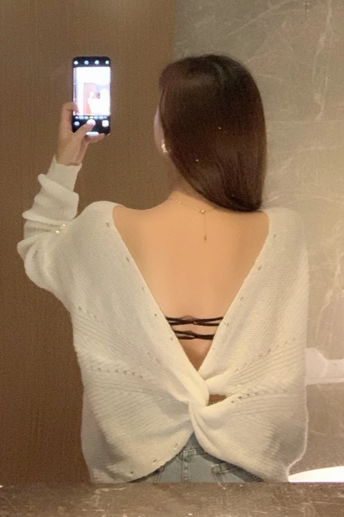 WHITNEY WANG Осенняя мода Уличная Сексуальная Открытая спина твист свитер с пайетками женский джемпер sueter mujer invierno