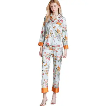 

Women Retro Imitation Silk Pajamas Set Notched Button Down Tops Loose Long Pants Bright Floral Sleepwear Loungewear